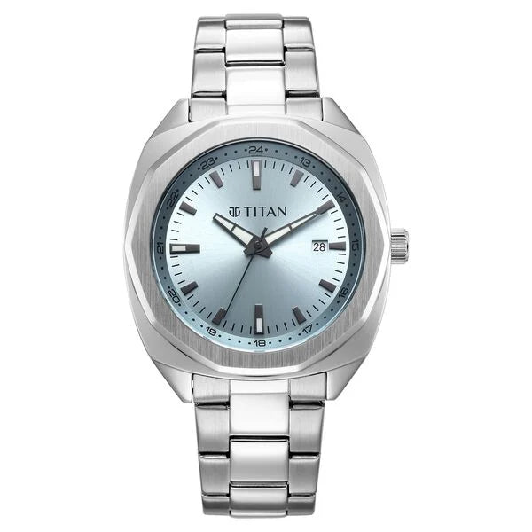 Titan Classique Blue Shaped Dial Silver Stainless Steel Strap Analog with Date Watch for Men