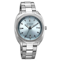 Titan Classique Blue Shaped Dial Silver Stainless Steel Strap Analog with Date Watch for Men