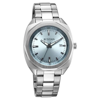 Titan Classique Blue Shaped Dial Silver Stainless Steel Strap Analog with Date Watch for Men
