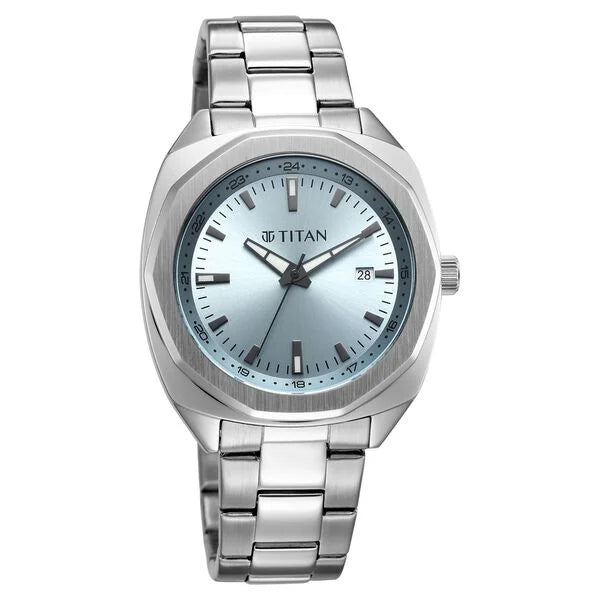 Titan Classique Blue Shaped Dial Silver Stainless Steel Strap Analog with Date Watch for Men