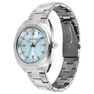Titan Classique Blue Shaped Dial Silver Stainless Steel Strap Analog with Date Watch for Men