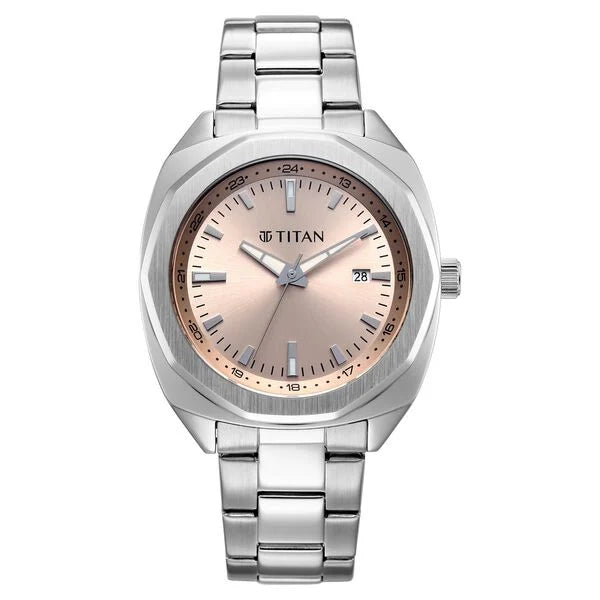 Titan Classique Pink Shaped Dial Silver Stainless Steel Strap Analog with Date Watch for Men