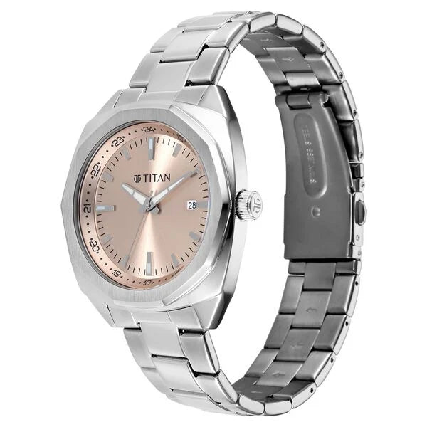 Titan Classique Pink Shaped Dial Silver Stainless Steel Strap Analog with Date Watch for Men