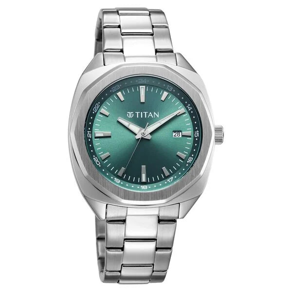 Titan Classique Green Shaped Dial Silver Stainless Steel Strap Analog with Date Watch for Men