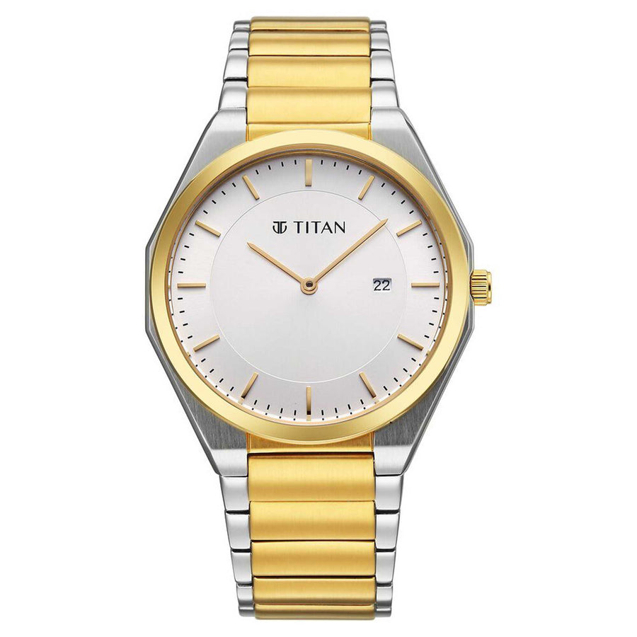 Titan Classique White Dial Two Toned Stainless Steel Strap Analog with Date Watch for Men