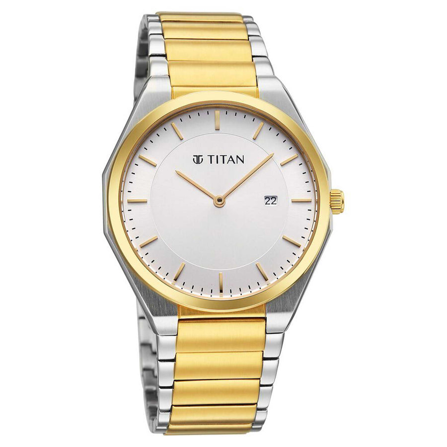 Titan Classique White Dial Two Toned Stainless Steel Strap Analog with Date Watch for Men