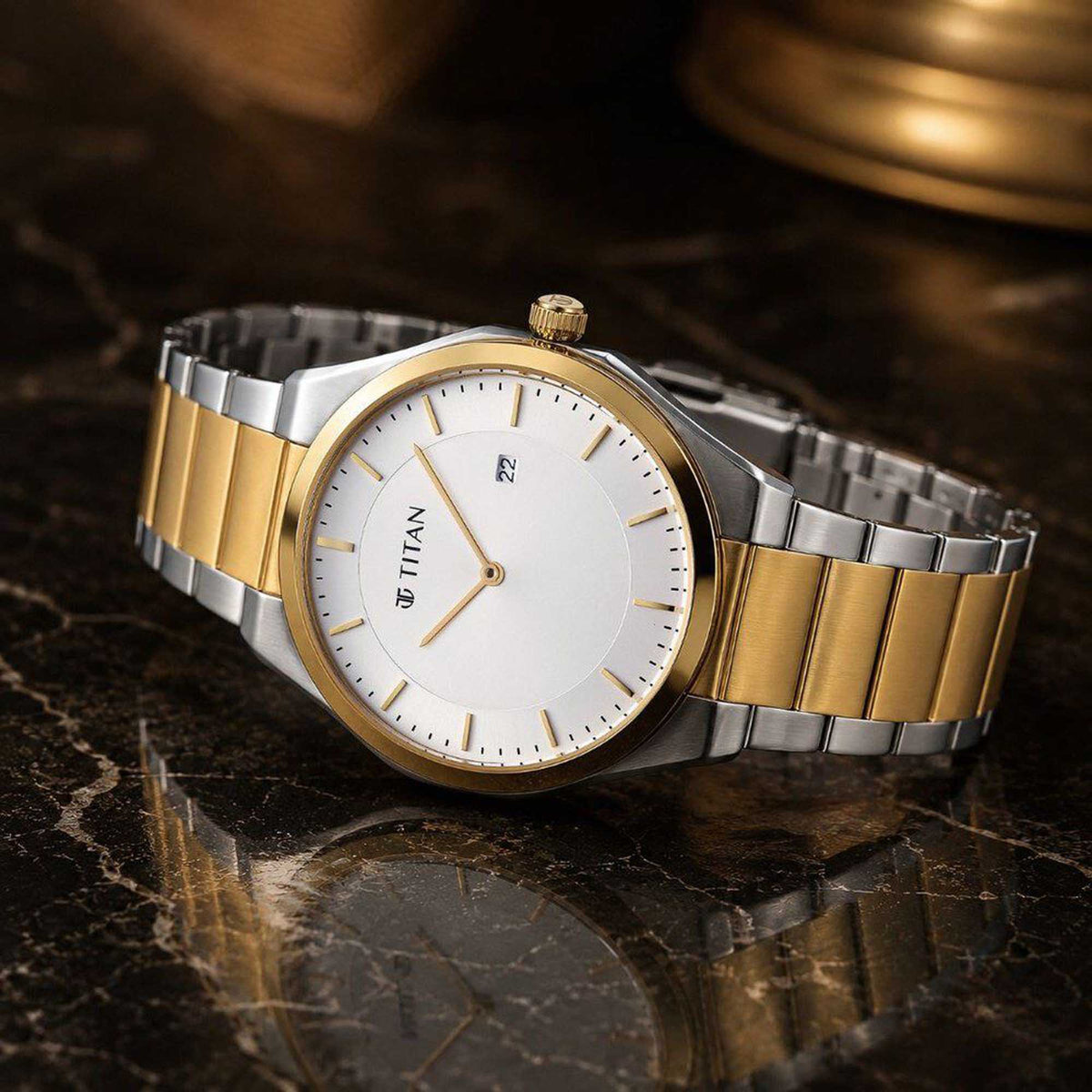 Titan Classique White Dial Two Toned Stainless Steel Strap Analog with Date Watch for Men
