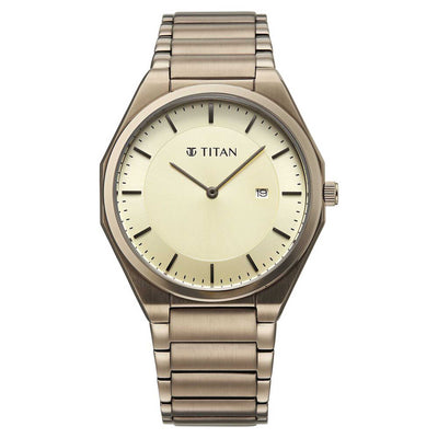 Titan Classique Champagne Dial Brown Stainless Steel Strap Analog with Date Watch for Men