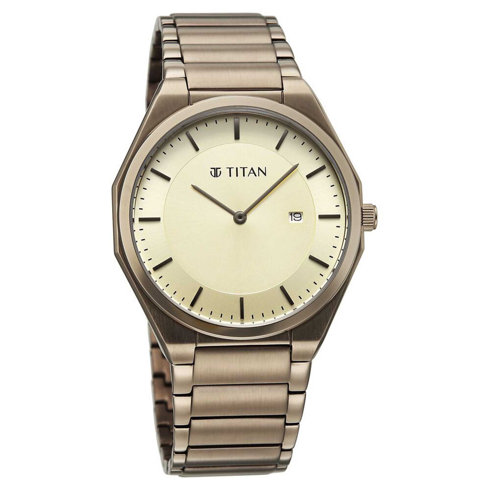 Titan Classique Champagne Dial Brown Stainless Steel Strap Analog with Date Watch for Men