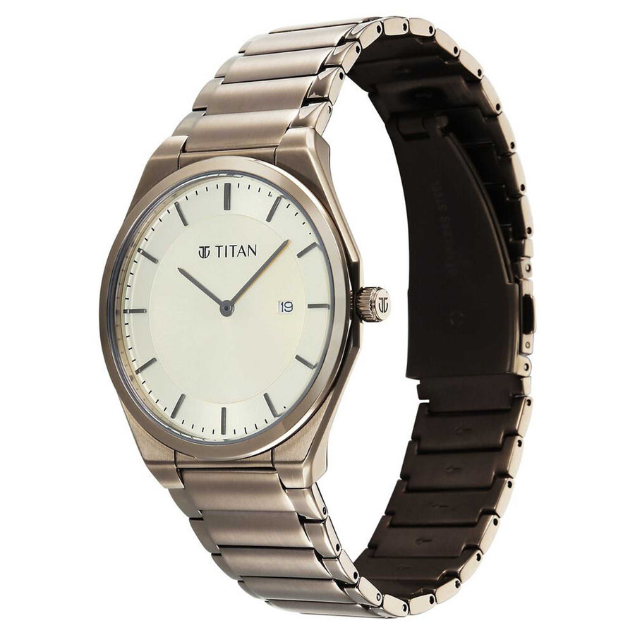 Titan Classique Champagne Dial Brown Stainless Steel Strap Analog with Date Watch for Men
