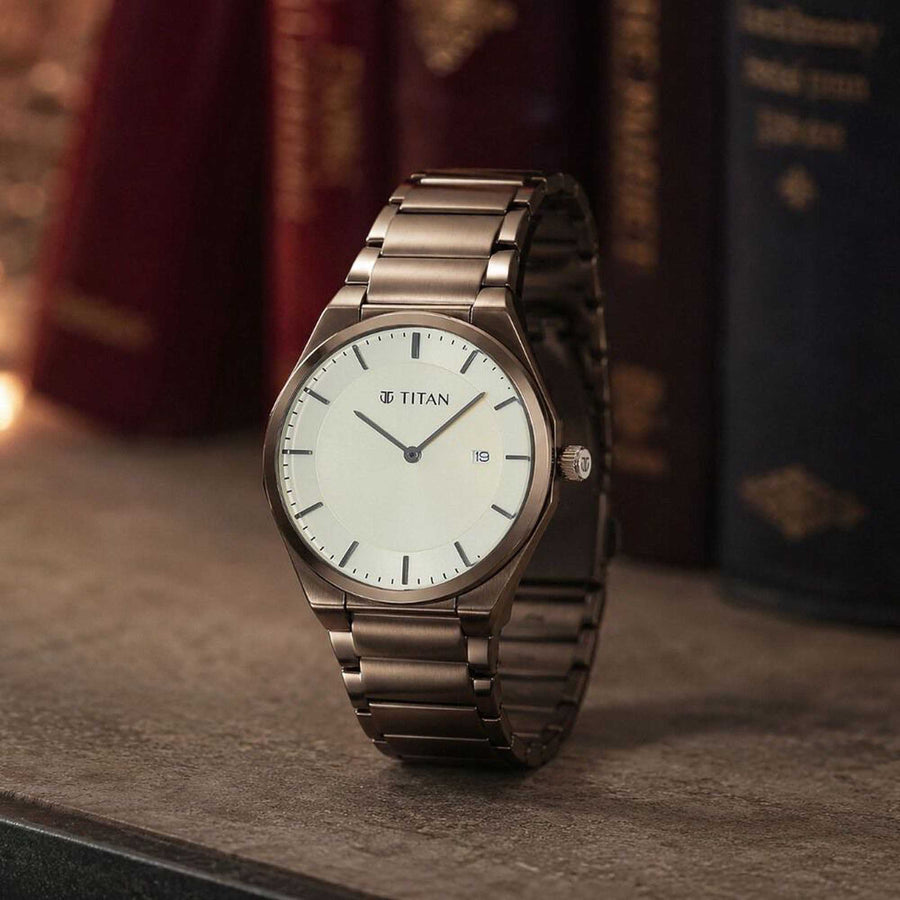 Titan Classique Champagne Dial Brown Stainless Steel Strap Analog with Date Watch for Men