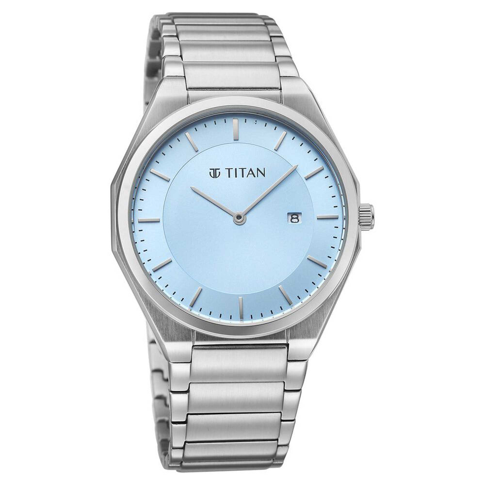 Titan Classique Blue Dial Silver Stainless Steel Strap Analog with Date Watch for Men
