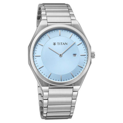 Titan Classique Blue Dial Silver Stainless Steel Strap Analog with Date Watch for Men
