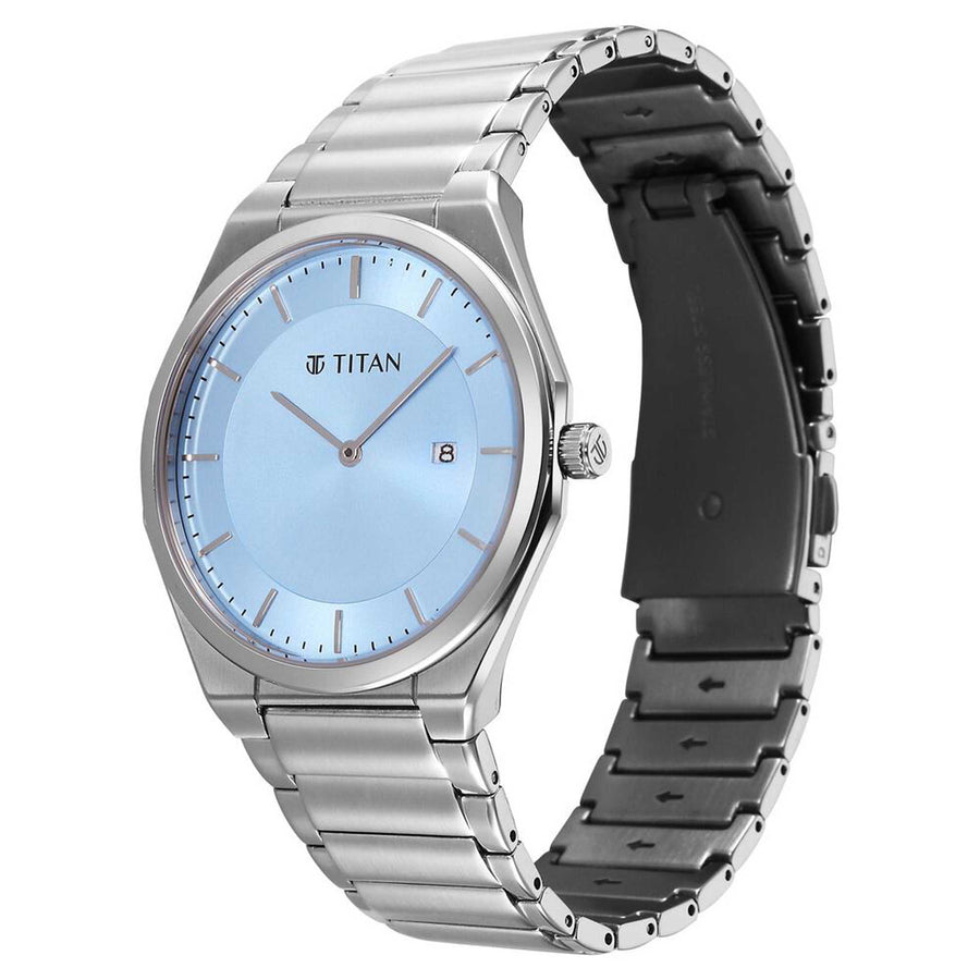 Titan Classique Blue Dial Silver Stainless Steel Strap Analog with Date Watch for Men