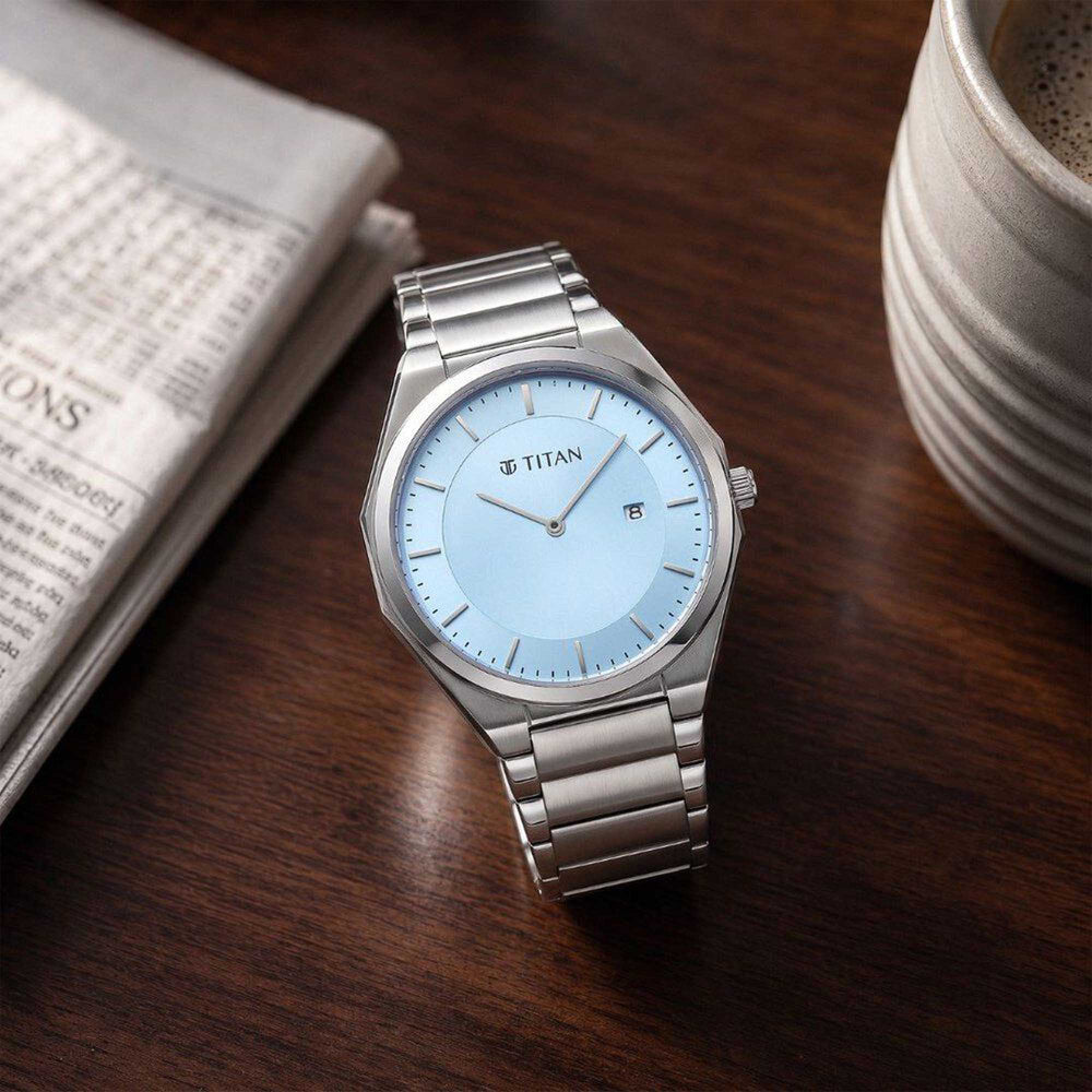Titan Classique Blue Dial Silver Stainless Steel Strap Analog with Date Watch for Men