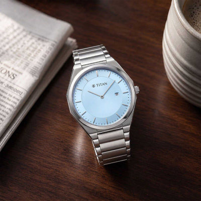 Titan Classique Blue Dial Silver Stainless Steel Strap Analog with Date Watch for Men