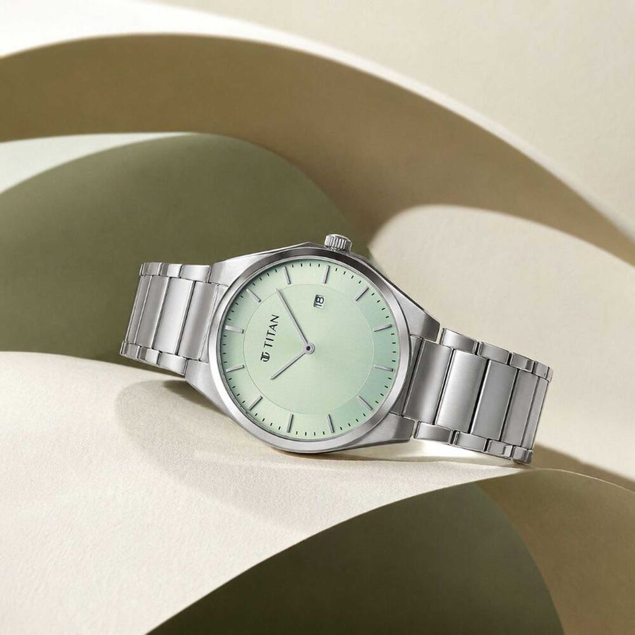 Titan Classique Green Dial Silver Stainless Steel Strap Analog with Date Watch for Men