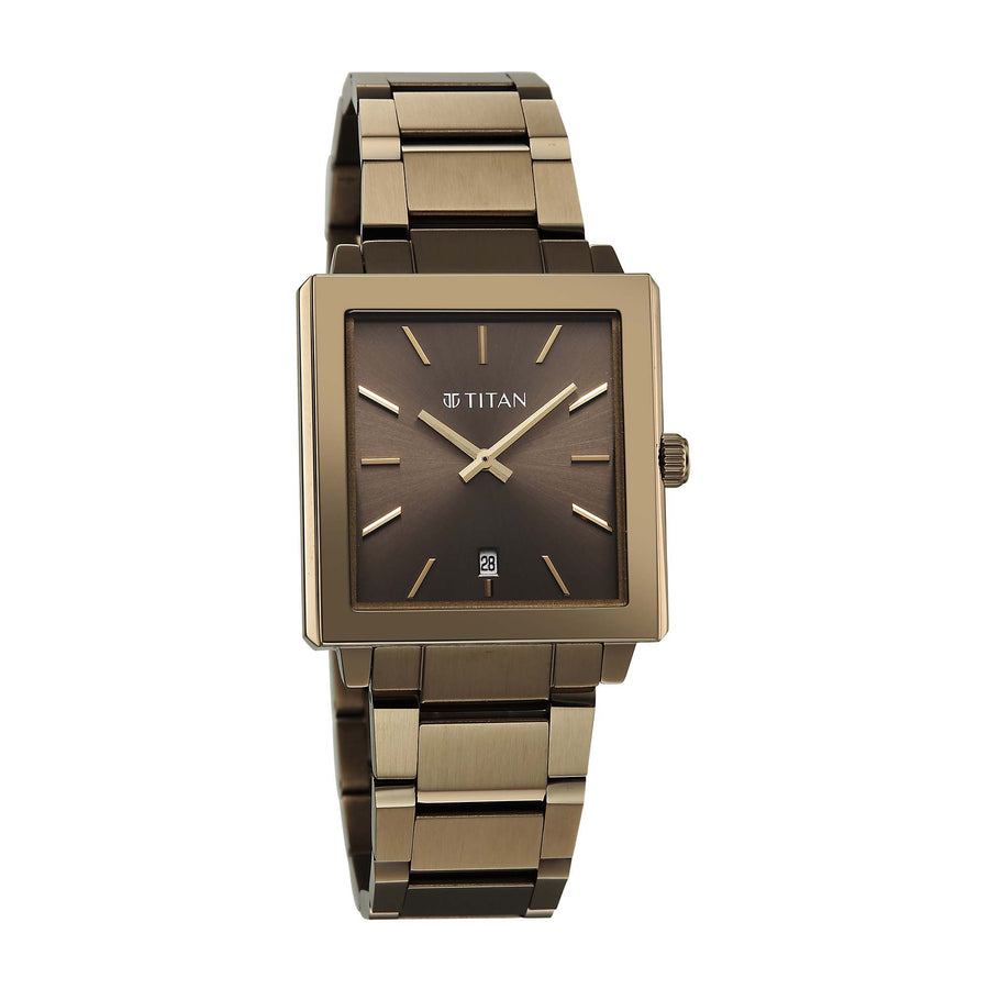 Titan Classique Brown Rectangle Dial Stainless Steel Strap Analog with Date Watch for Men