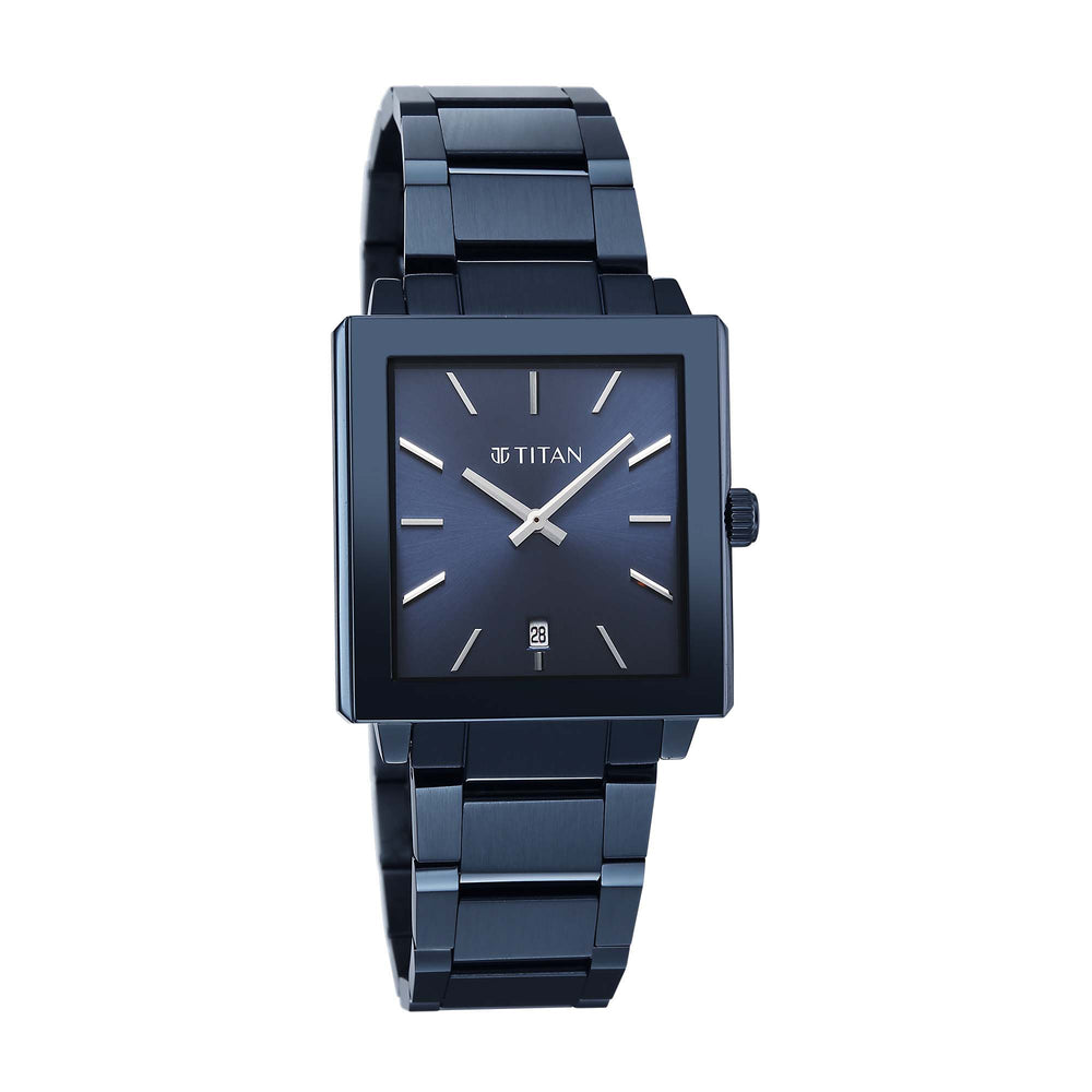 Titan Classique Blue Rectangle Dial Stainless Steel Strap Analog with Date Watch for Men