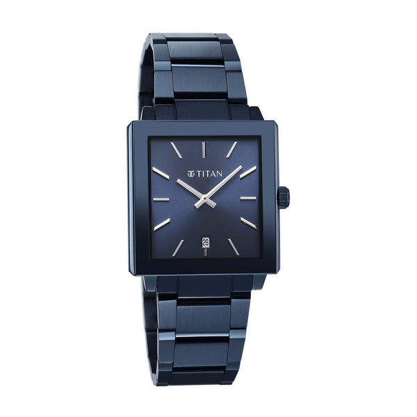 Titan Classique Blue Rectangle Dial Stainless Steel Strap Analog with Date Watch for Men