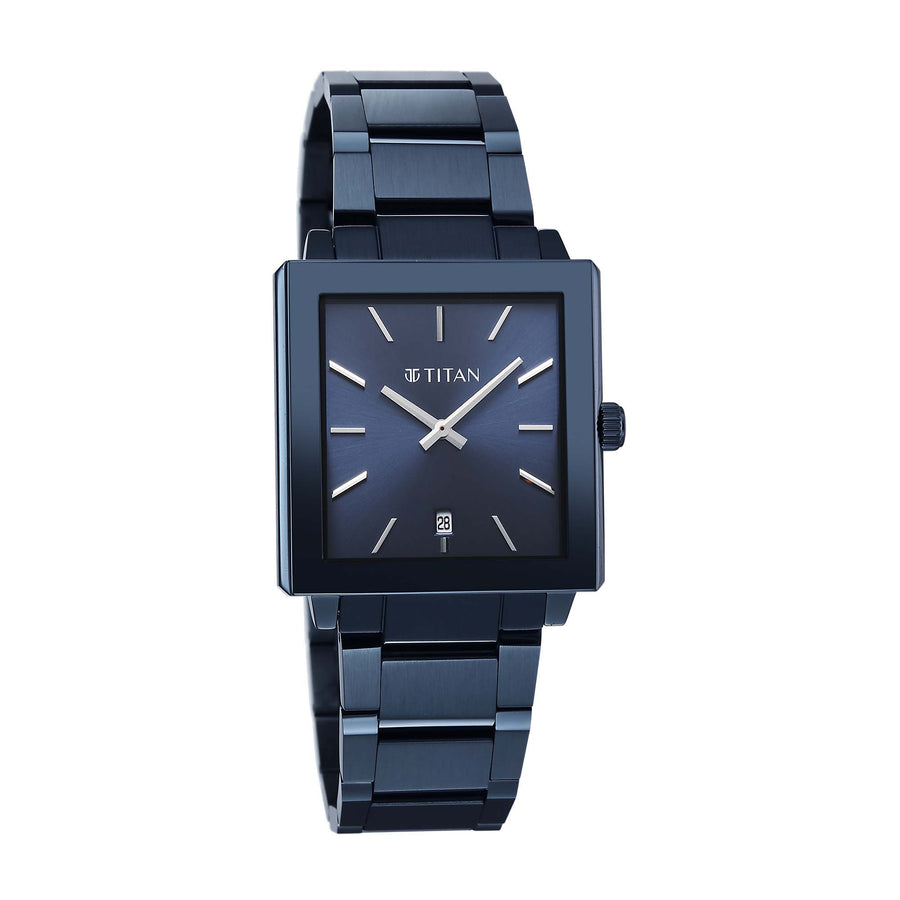 Titan Classique Blue Rectangle Dial Stainless Steel Strap Analog with Date Watch for Men