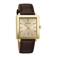 Titan Classique Champagne Rectangle Dial Brown Leather Strap Analog with Date Watch for Men