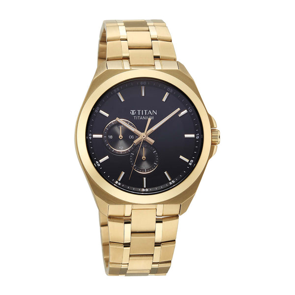 Titan Black Dial Gold Titanium Strap Analog with Dual Time Watch for Men