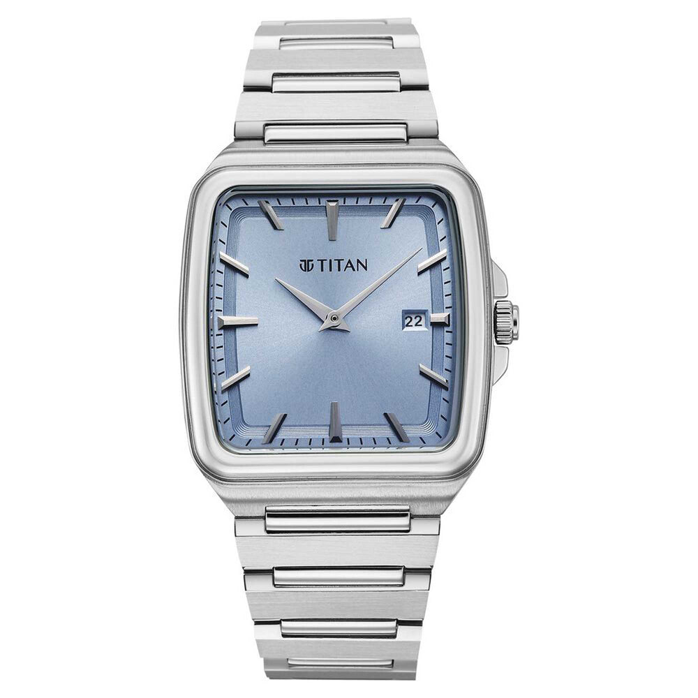 Titan Classique Blue Square Dial Silver Stainless Steel Strap Analog with Date Watch for Men