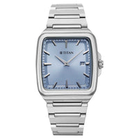 Titan Classique Blue Square Dial Silver Stainless Steel Strap Analog with Date Watch for Men