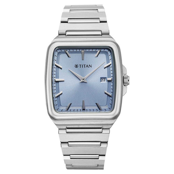 Titan Classique Blue Square Dial Silver Stainless Steel Strap Analog with Date Watch for Men