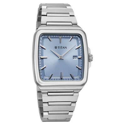 Titan Classique Blue Square Dial Silver Stainless Steel Strap Analog with Date Watch for Men