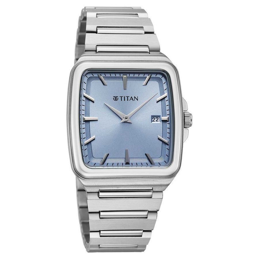 Titan Classique Blue Square Dial Silver Stainless Steel Strap Analog with Date Watch for Men