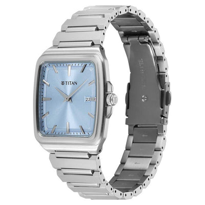 Titan Classique Blue Square Dial Silver Stainless Steel Strap Analog with Date Watch for Men