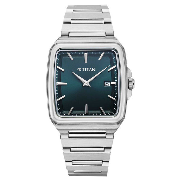 Titan Classique Green Square Dial Silver Stainless Steel Strap Analog with Date Watch for Men