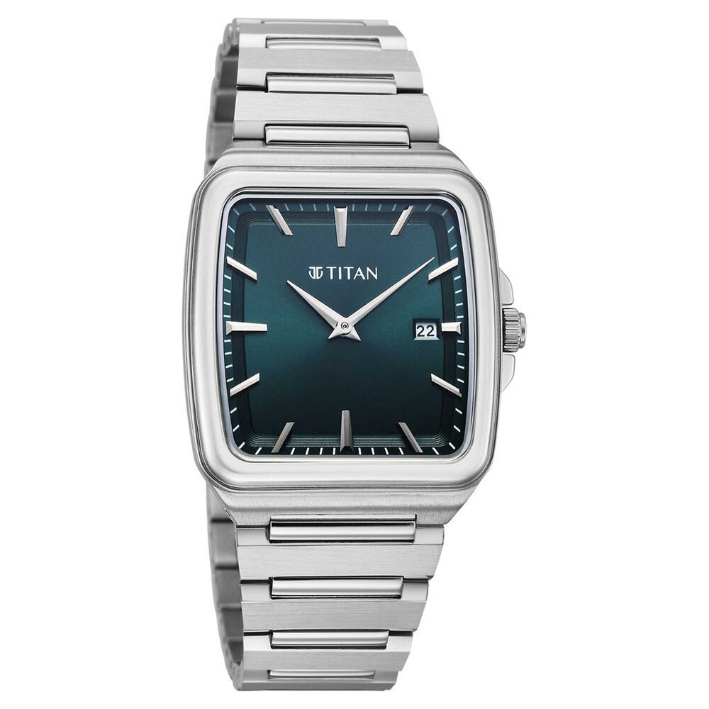 Titan Classique Green Square Dial Silver Stainless Steel Strap Analog with Date Watch for Men