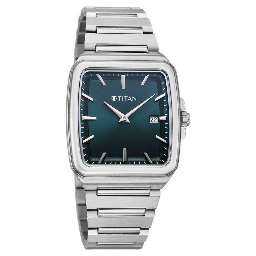 Titan Classique Green Square Dial Silver Stainless Steel Strap Analog with Date Watch for Men