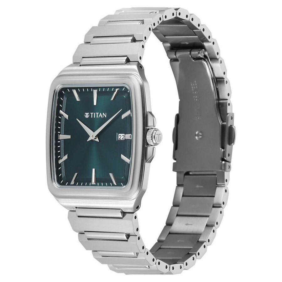 Titan Classique Green Square Dial Silver Stainless Steel Strap Analog with Date Watch for Men