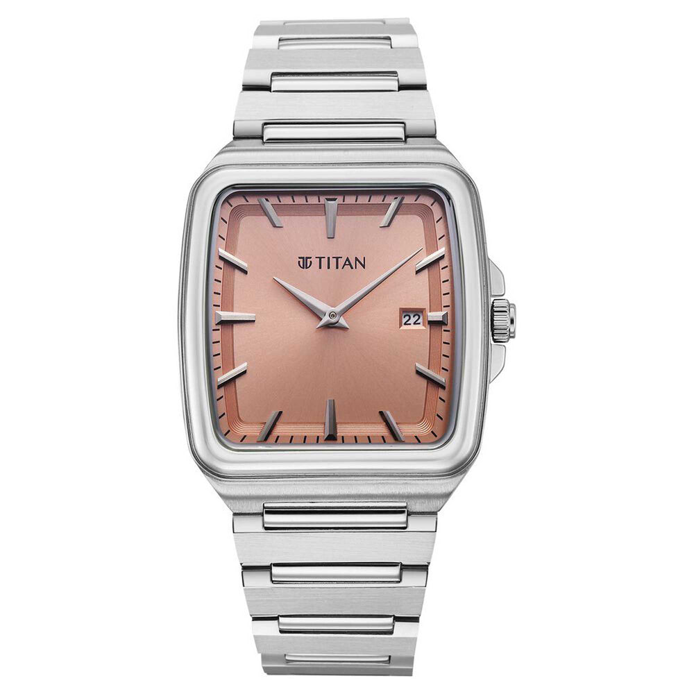 Titan Classique Pink Square Dial Silver Stainless Steel Strap Analog with Date Watch for Men
