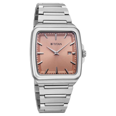 Titan Classique Pink Square Dial Silver Stainless Steel Strap Analog with Date Watch for Men