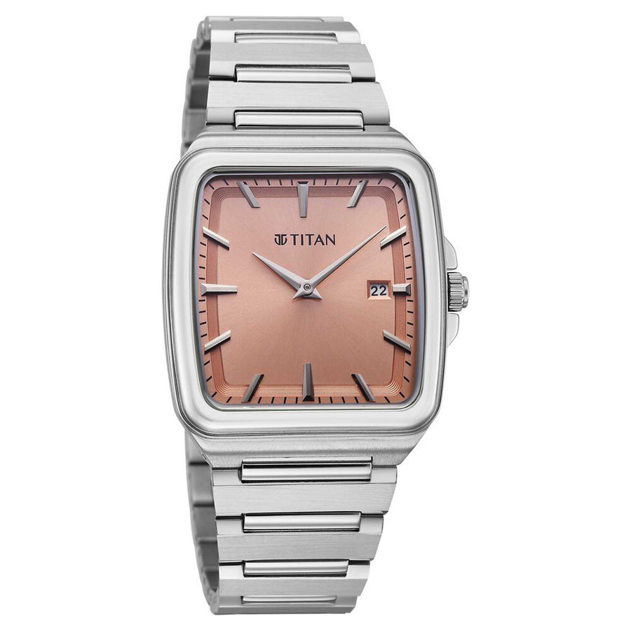 Titan Classique Pink Square Dial Silver Stainless Steel Strap Analog with Date Watch for Men