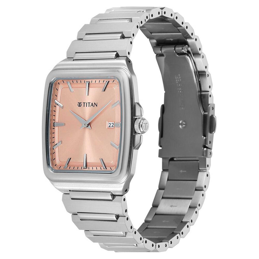 Titan Classique Pink Square Dial Silver Stainless Steel Strap Analog with Date Watch for Men