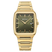 Titan Classique Green Square Dial Gold Stainless Steel Strap Analog with Date Watch for Men