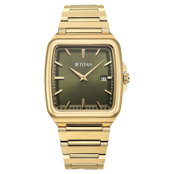 Titan Classique Green Square Dial Gold Stainless Steel Strap Analog with Date Watch for Men