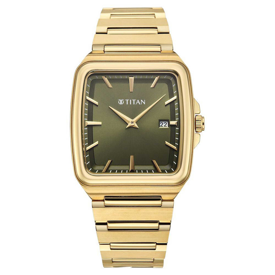 Titan Classique Green Square Dial Gold Stainless Steel Strap Analog with Date Watch for Men