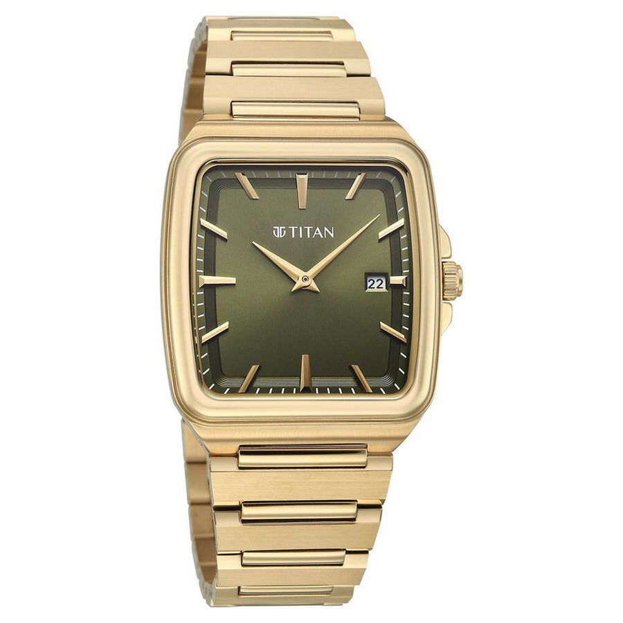 Titan Classique Green Square Dial Gold Stainless Steel Strap Analog with Date Watch for Men