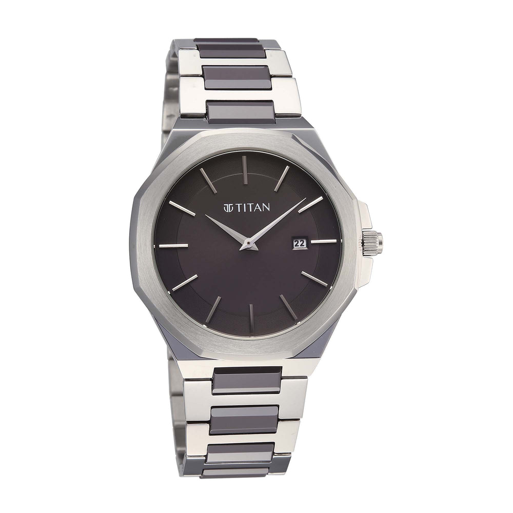 Titan Classique Grey Dial Two Toned Stainless Steel Strap Analog with Date Watch for Men