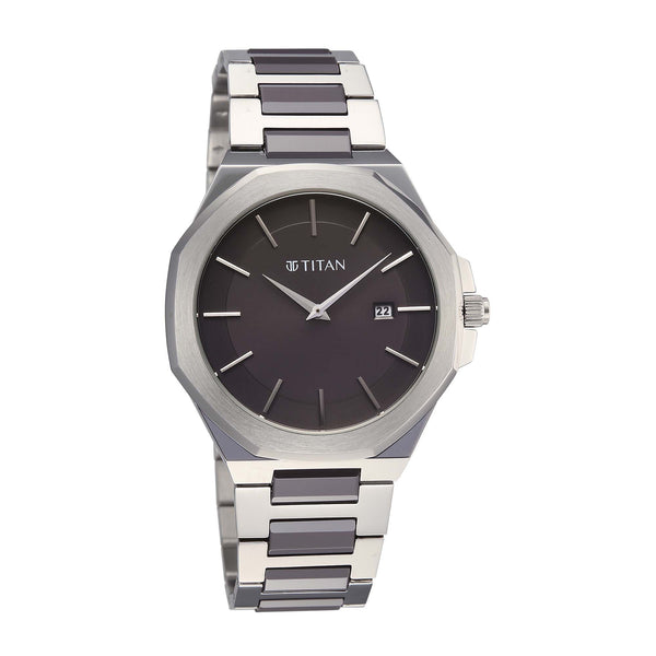 Titan Classique Grey Dial Two Toned Stainless Steel Strap Analog with Date Watch for Men