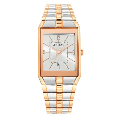 Titan Silver Rectangular Dial Two Toned Stainless Steel Strap Analog Watch for Men