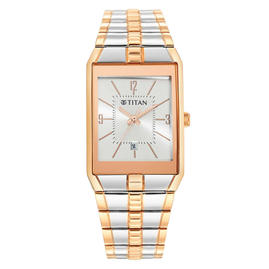 Titan Silver Rectangular Dial Two Toned Stainless Steel Strap Analog Watch for Men