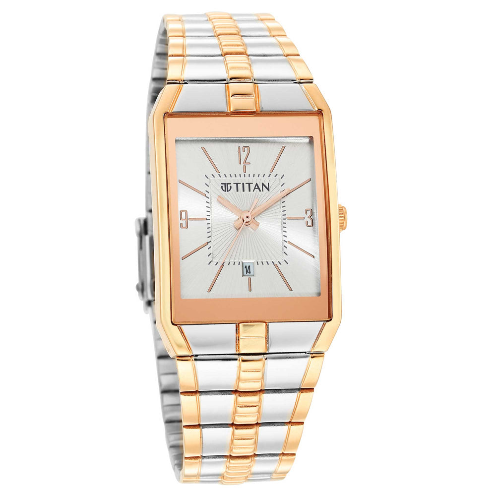 Titan Silver Rectangular Dial Two Toned Stainless Steel Strap Analog Watch for Men